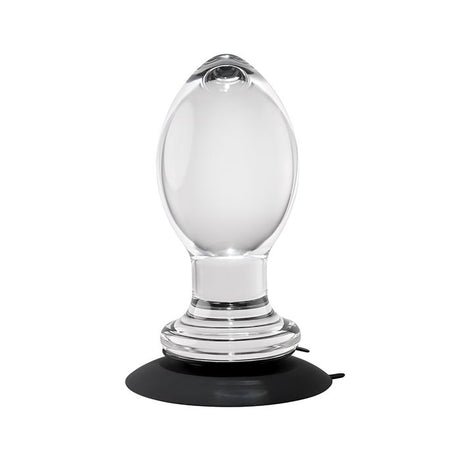 clear glass bulbous anal plug with a suction cup