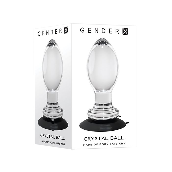 the packaging and box of the gender x crystal ball butt plug