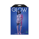 Glow lingerie packaging with a model wearing a bodysuit on a blue background