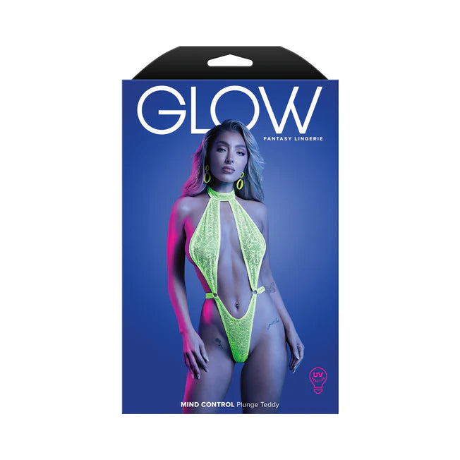 The&nbsp;Glow&nbsp;line from Fantasy Lingerie&nbsp;will having you glowing in the dark at your next party or event with this beautiful&nbsp;lace halter teddy with keyhole plunge front and open back. All Glow lingerie glows in the dark with UV lighting
