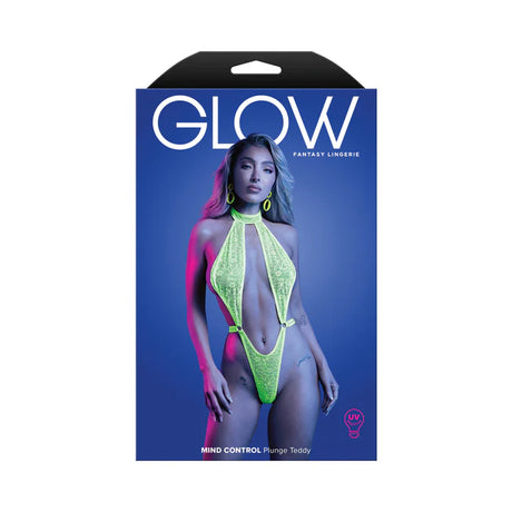 The&nbsp;Glow&nbsp;line from Fantasy Lingerie&nbsp;will having you glowing in the dark at your next party or event with this beautiful&nbsp;lace halter teddy with keyhole plunge front and open back. All Glow lingerie glows in the dark with UV lighting