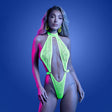 The&nbsp;Glow&nbsp;line from Fantasy Lingerie&nbsp;will having you glowing in the dark at your next party or event with this beautiful&nbsp;lace halter teddy with keyhole plunge front and open back. All Glow lingerie glows in the dark with UV lighting