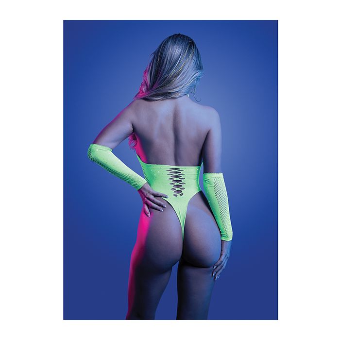 uv reactive teddy lingerie in neon green color with arm warmers and leg warmers