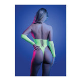 uv reactive teddy lingerie in neon green color with arm warmers and leg warmers