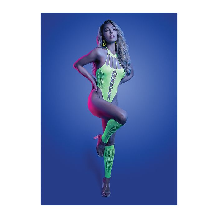 uv reactive teddy lingerie in neon green color with matching leg warmers