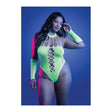 Model wearing a neon green bodysuit that glows in the dark with uv lighting