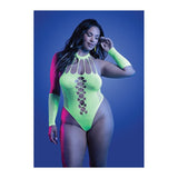 Model wearing a neon green bodysuit that glows in the dark with uv lighting