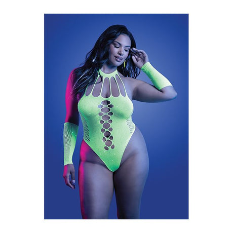 Model wearing a neon green bodysuit that glows in the dark with uv lighting