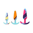 multi color butt plugs with a t base, small, medium, and large anal plugs.