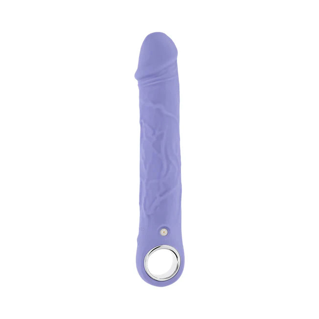 large purple fantasy penis shaped vibrator with a loop hole on the bottom.