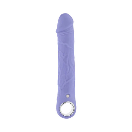 large purple fantasy penis shaped vibrator with a loop hole on the bottom.