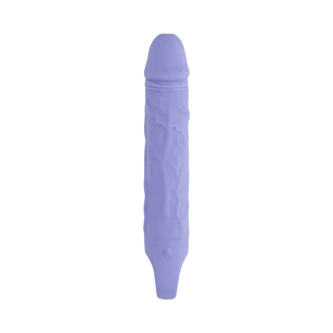 large purple fantasy penis shaped vibrator with a loop hole on the bottom.