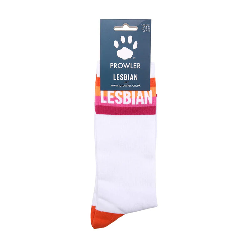White socks with colorful Lesbian written on top with prolwer paw logo. 