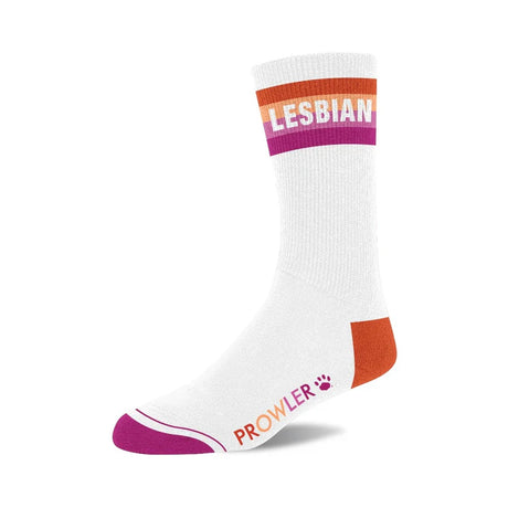 White socks with colorful Lesbian written on top with Prowler paw logo. 