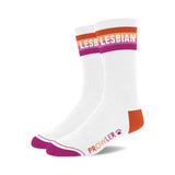 White socks with colorful Lesbian written on top with prolwer paw logo. 