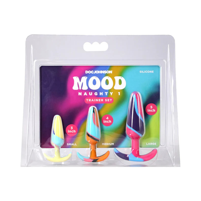 Packaged set of Doc Johnson Mood Naughty 1 silicone trainer with colorful design 