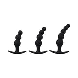 Three black silicone beaded butt plugs with a t base in small, medium, and large sizes.