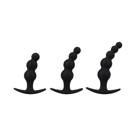 Three black silicone beaded butt plugs with a t base in small, medium, and large sizes.