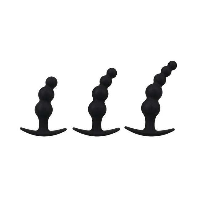 Three black silicone beaded butt plugs with a t base in small, medium, and large sizes.