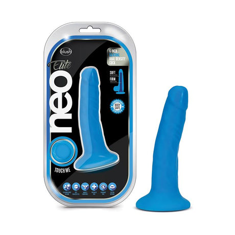 Blue 6 inch silicone dildo with neo elite packaging
