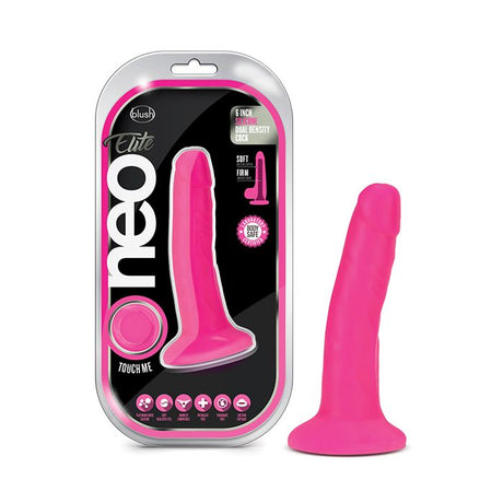 Pink silicone dildo with packaging labeled Neo Elite