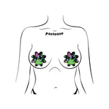 two Pastease colorful neon paint splatter nipple pasties shaped as a petal