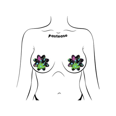 two Pastease colorful neon paint splatter nipple pasties shaped as a petal