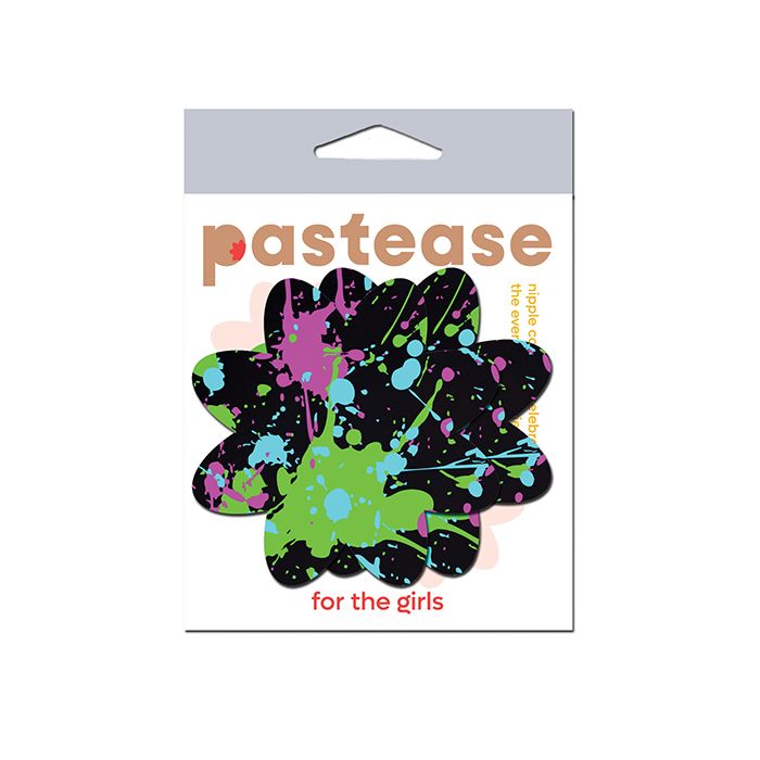 Packaged product with colorful splatter design and 'pastease' branding on a white background
