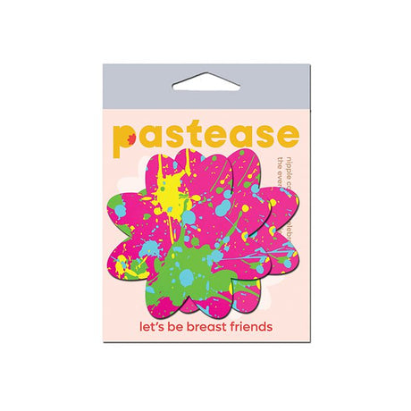pair or Pastease neon pink petal nipple pasties with neon yellow, neon blue and neon green pain splatter design.