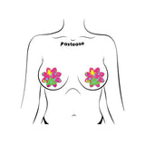 pair or Pastease neon pink petal nipple pasties with neon yellow, neon blue and neon green pain splatter design.