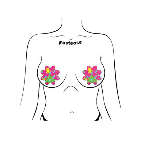 pair or Pastease neon pink petal nipple pasties with neon yellow, neon blue and neon green pain splatter design.