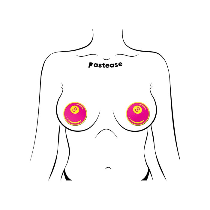 outline of a torso wearing pastease 8 ball neon pink and yellow nipple pasties