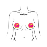 outline of a torso wearing pastease 8 ball neon pink and yellow nipple pasties