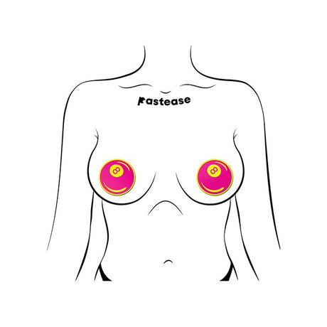 outline of a torso wearing pastease 8 ball neon pink and yellow nipple pasties