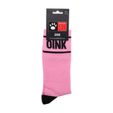 Pink sock with OINK written in black with paw print prowler logos with black heels and toe