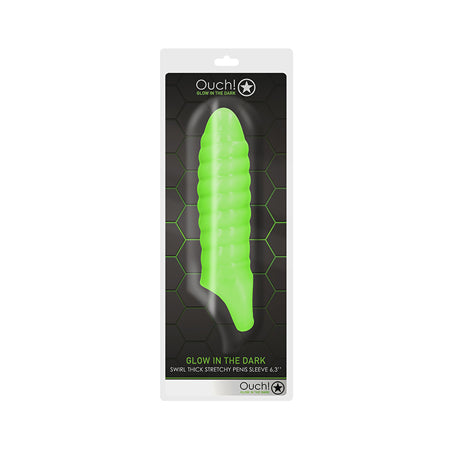 Ouch! Glow in the Dark Swirl Thick Stretchy Penis Sleeve 6.3in Neon Green