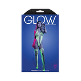 Glow fantasy lingerie packaging with a model wearing colorful lingerie on a blue background.