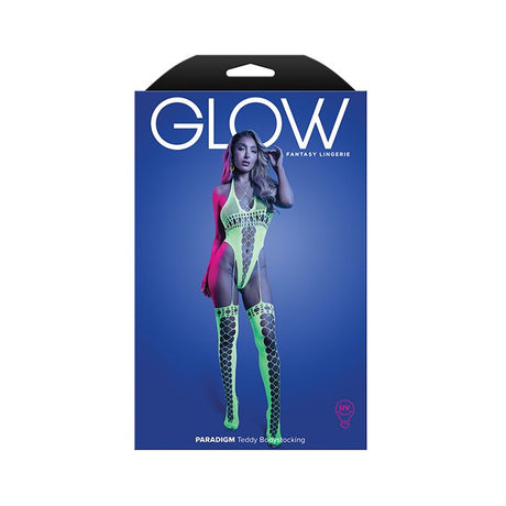 Glow fantasy lingerie packaging with a model wearing colorful lingerie on a blue background.