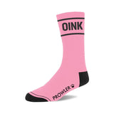 Pink sock with OINK written in black with paw print prowler logos with black heels and toe