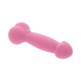 a pink penis shaped vibrator. Vibrator with a bulbous penis shaped head with a shaft and round balls at the base. 