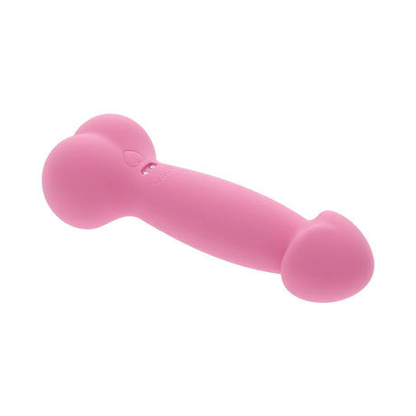 a pink penis shaped vibrator. Vibrator with a bulbous penis shaped head with a shaft and round balls at the base. 