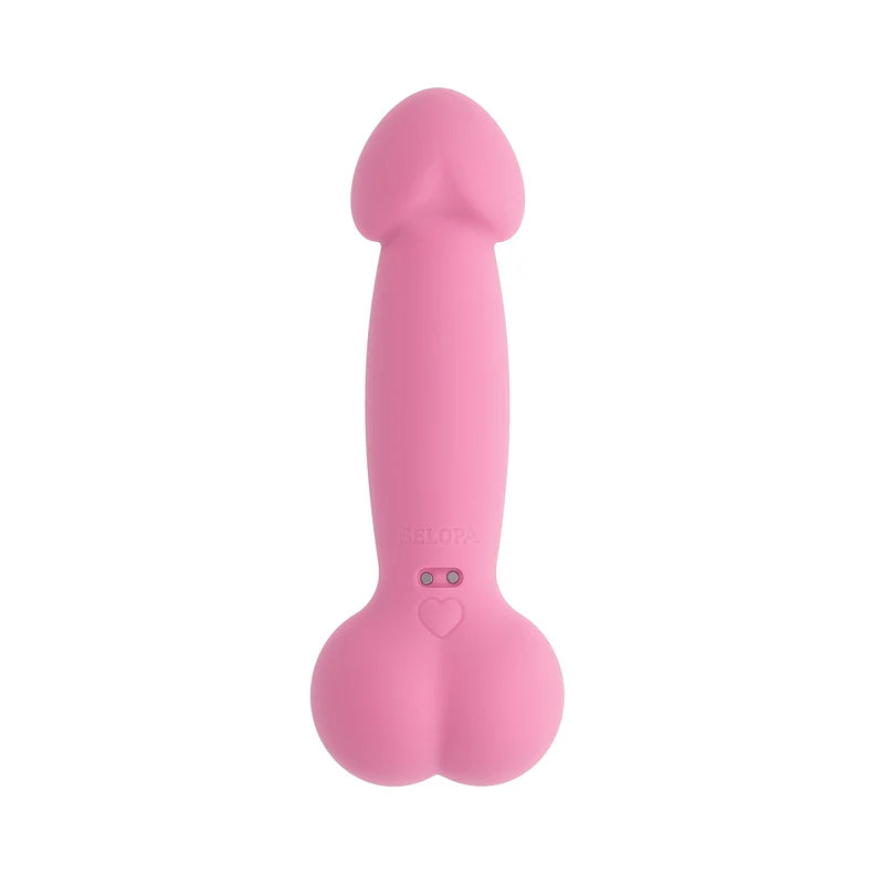a pink penis shaped vibrator. Vibrator with a bulbous penis shaped head with a shaft and round balls at the base. 