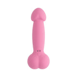 a pink penis shaped vibrator. Vibrator with a bulbous penis shaped head with a shaft and round balls at the base. 