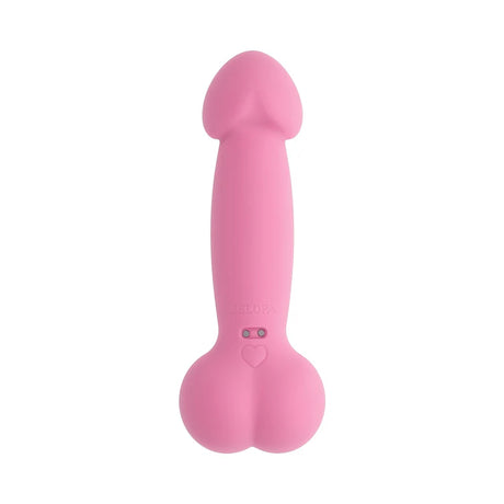 a pink penis shaped vibrator. Vibrator with a bulbous penis shaped head with a shaft and round balls at the base. 