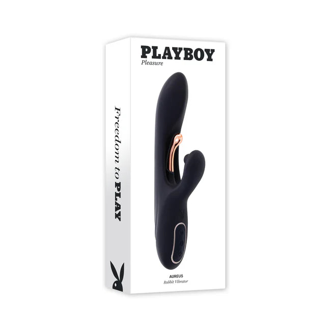 Playboy Aureus Black Rabbit Tickler Vibrator. USB Rechargeable Dual Stimulator Vibrator in Black. G-Spot tickler dual stimulator by Playboy