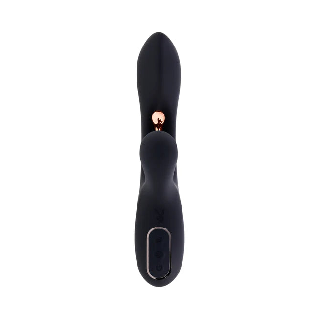 Playboy Aureus Black Rabbit Tickler Vibrator. USB Rechargeable Dual Stimulator Vibrator in Black. G-Spot tickler dual stimulator by Playboy