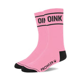 Pink sock with OINK written in black with paw print prowler logos with black heels and toe