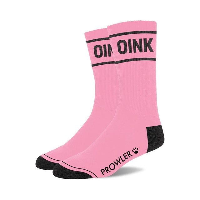 Pink sock with OINK written in black with paw print prowler logos with black heels and toe
