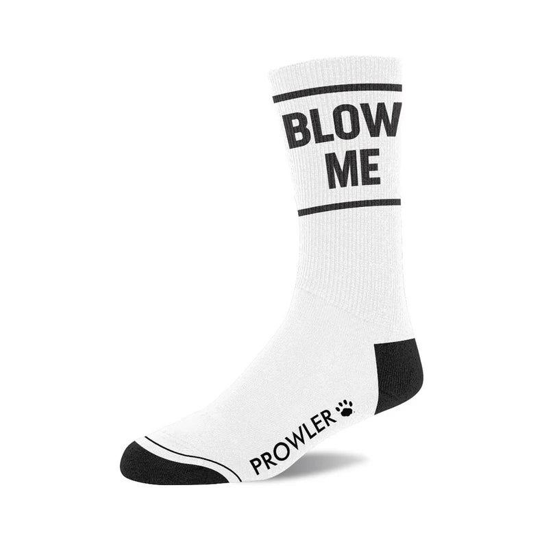 White socks with Blow Me in black text and prowler paw logo on foot with black heel and toe