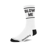 White socks with Blow Me in black text and prowler paw logo on foot with black heel and toe